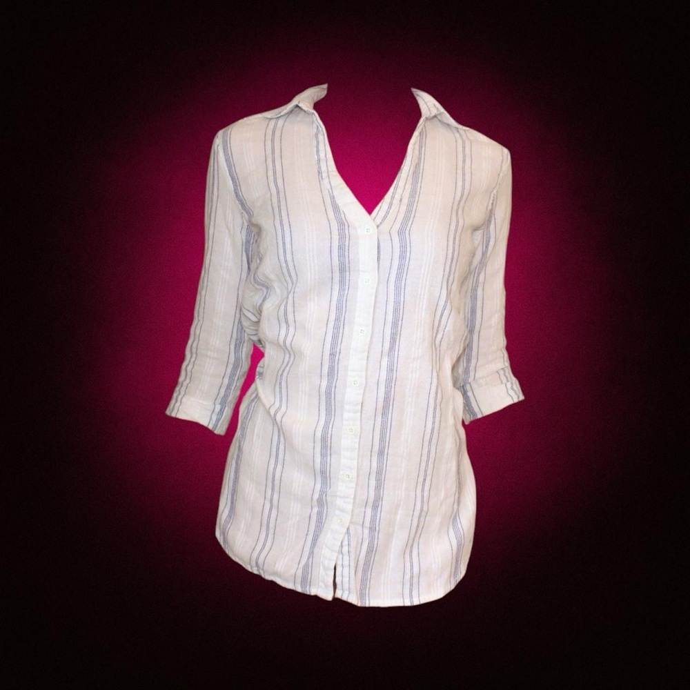 Nautical striped cotton 3/4 sleeve button down shirt